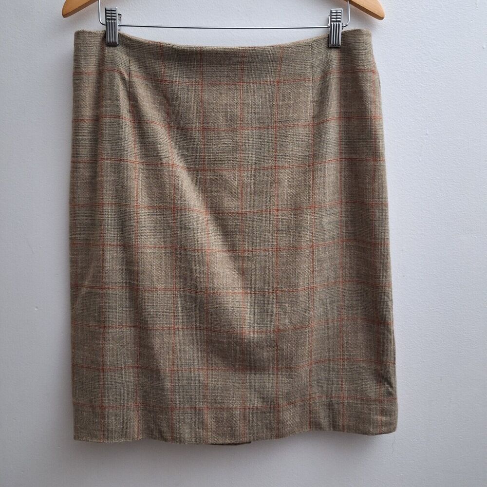 AKRIS Wool Skirt 12 Tan Red Plaid Check Lined Straight Career Office Preppy